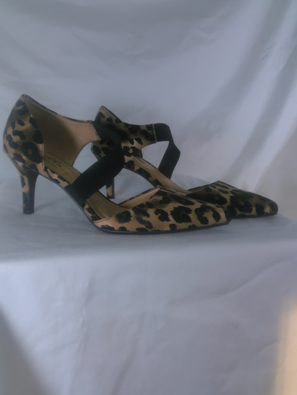 Abella Leopard Print Pointed Toe Mid Heels with Black Elastic Straps